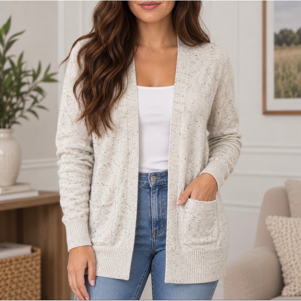 Old Navy Cardigan S Cream Good Open Front Speckled Knit Pockets